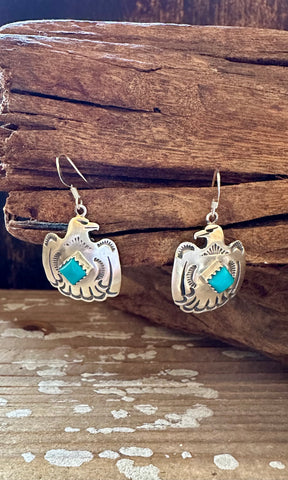 ROBERTA BEGAY Running Bear Sterling Silver & Turquoise Thunderbird Earrings