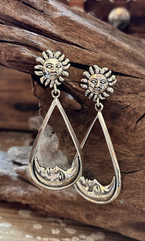 SUN AND MOON Statement Dangle Hoop Earrings, Sterling Silver
