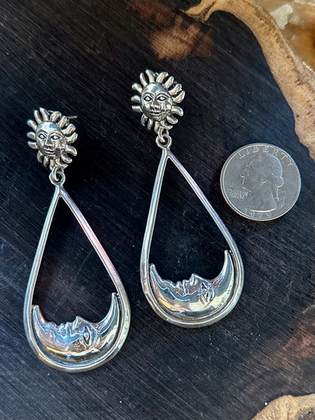 SUN AND MOON Statement Dangle Hoop Earrings, Sterling Silver
