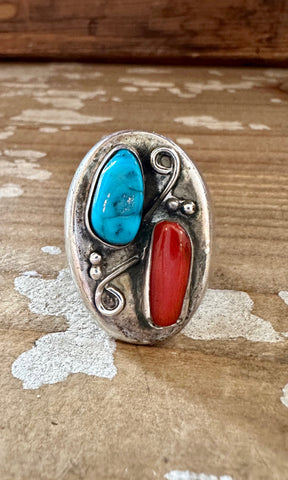 STEPPING STONES Vintage Handmade Men's Ring Sterling Silver, Turquoise, Coral • Size 9 1/2