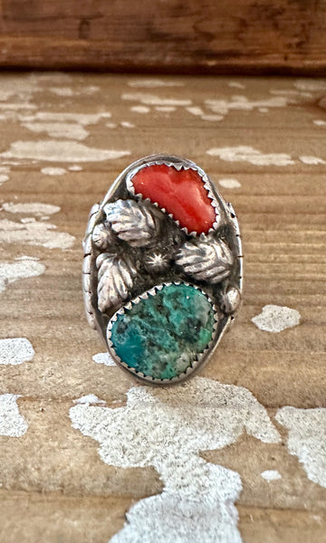 NEVER LEAVES Vintage Handmade Men's Ring Sterling Silver, Turquoise, Coral • Size 10