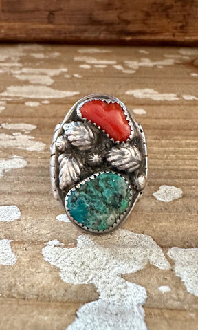 NEVER LEAVES Vintage Handmade Men's Ring Sterling Silver, Turquoise, Coral • Size 10