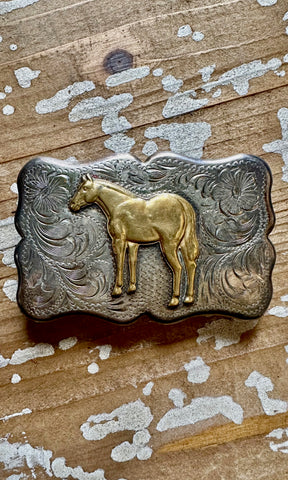 DIABLO MFG Co Large Vintage Sterling Silver and Gold Tone Horse Belt Buckle • 52g