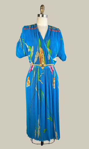VIRGINIE PARIS 80s Tropical Floral Pleated Dress • Medium