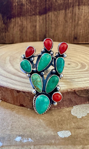 CURIOUS CACTUS Turquoise Coral and Sterling Silver Ring • Size 8 3/4