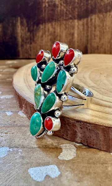 CURIOUS CACTUS Turquoise Coral and Sterling Silver Ring • Size 8 3/4