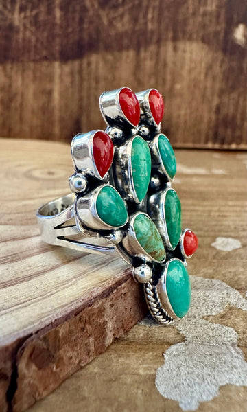 CURIOUS CACTUS Turquoise Coral and Sterling Silver Ring • Size 8 3/4