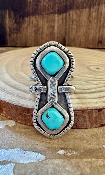 DOUBLE TROUBLE VINTAGE Turquoise & Sterling Silver Ring • Size 10 1/4