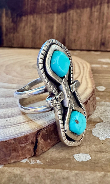 DOUBLE TROUBLE VINTAGE Turquoise & Sterling Silver Ring • Size 10 1/4
