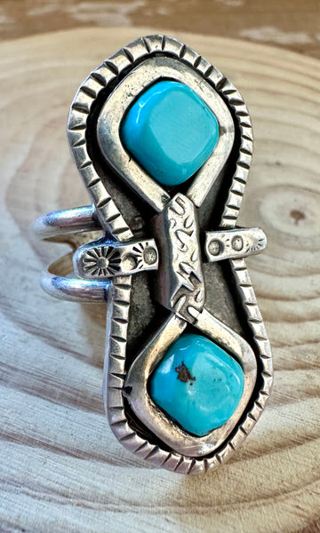 DOUBLE TROUBLE VINTAGE Turquoise & Sterling Silver Ring • Size 10 1/4