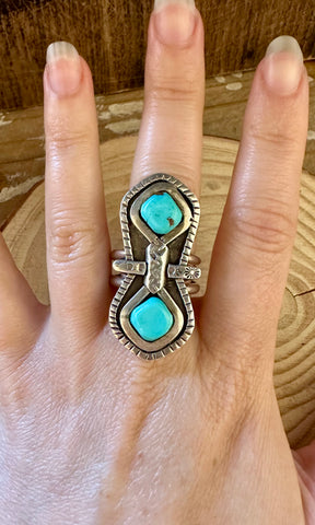 DOUBLE TROUBLE VINTAGE Turquoise & Sterling Silver Ring • Size 10 1/4