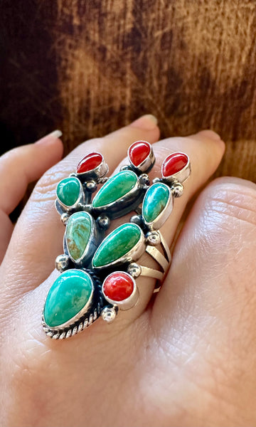 CURIOUS CACTUS Turquoise Coral and Sterling Silver Ring • Size 8 3/4