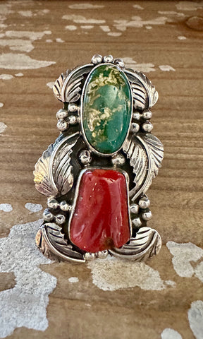 BEYOND BEAUTY Abel Toledo Large Handmade Ring Sterling Silver, Turquoise, Coral • Size 9 1/2