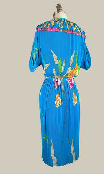 VIRGINIE PARIS 80s Tropical Floral Pleated Dress • Medium