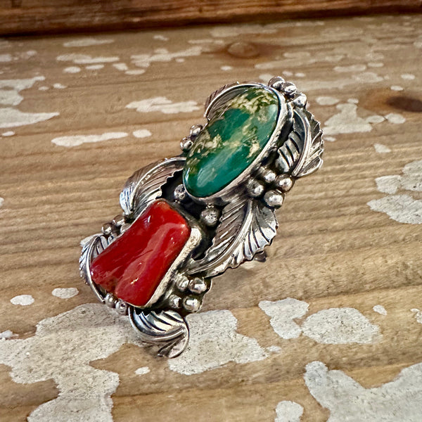 BEYOND BEAUTY Abel Toledo Large Handmade Ring Sterling Silver, Turquoise, Coral • Size 9 1/2