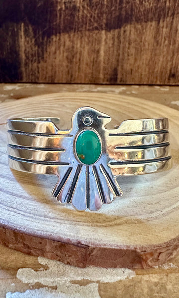 GREEN THUNDERBIRD Sterling Silver & Turquoise Large Cuff
