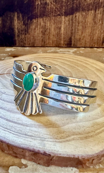 GREEN THUNDERBIRD Sterling Silver & Turquoise Large Cuff