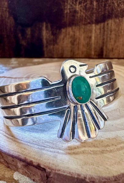 GREEN THUNDERBIRD Sterling Silver & Turquoise Large Cuff