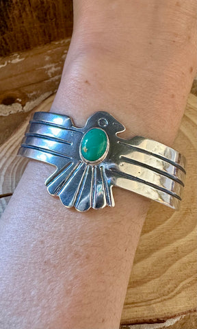 GREEN THUNDERBIRD Sterling Silver & Turquoise Large Cuff