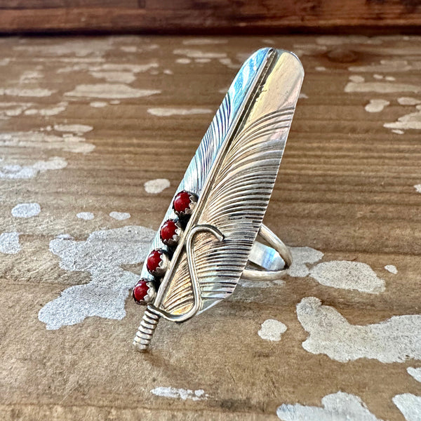 FLOAT LIKE A FEATHER Sterling Silver and Coral Feather Ring • Size 10 1/4