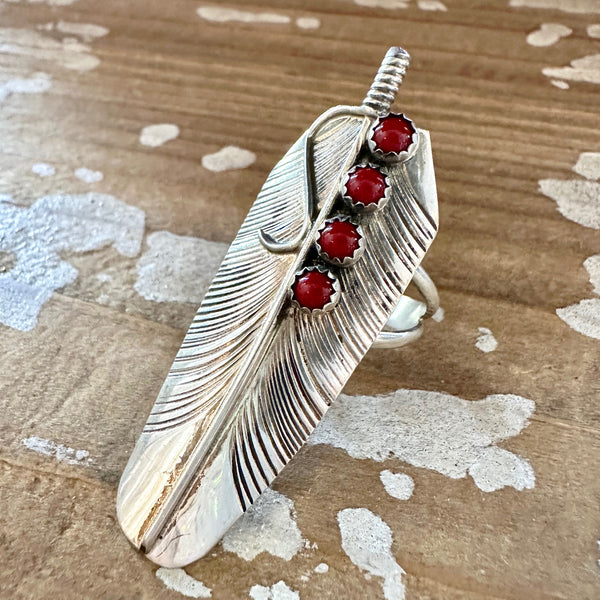 FLOAT LIKE A FEATHER Sterling Silver and Coral Feather Ring • Size 10 1/4