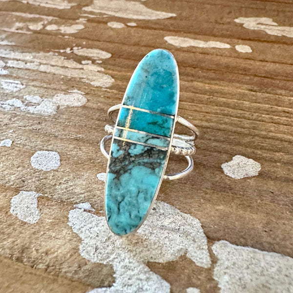 BLUE HORIZON Sterling Silver and Turquoise Inlay Ring by Harold Smith • Size 6 1/2