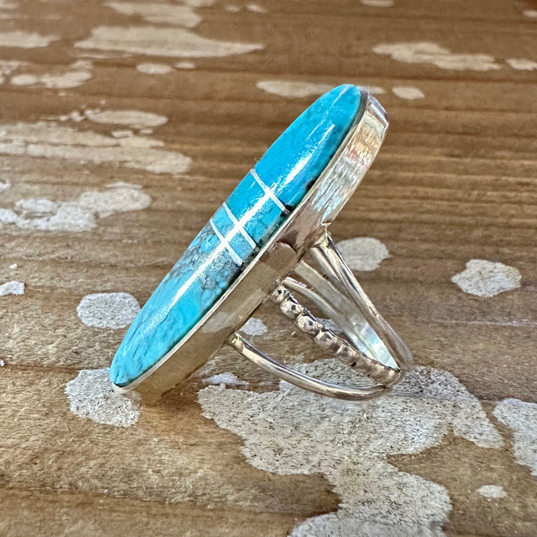 BLUE HORIZON Sterling Silver and Turquoise Inlay Ring by Harold Smith • Size 6 1/2