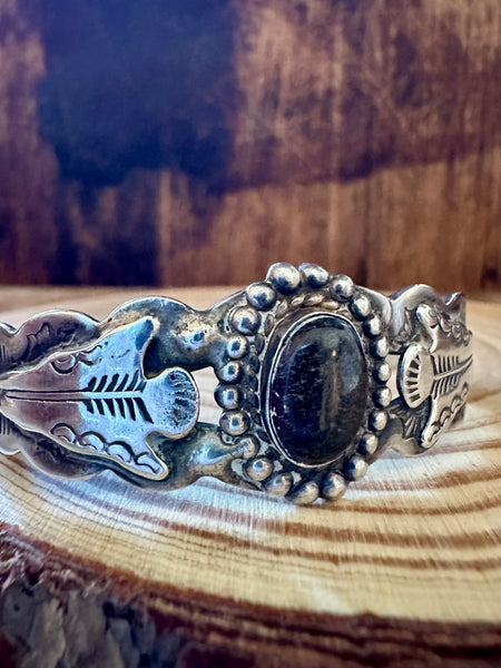 TWIN ARROWHEADS Black Stone and Coin Silver Cuff