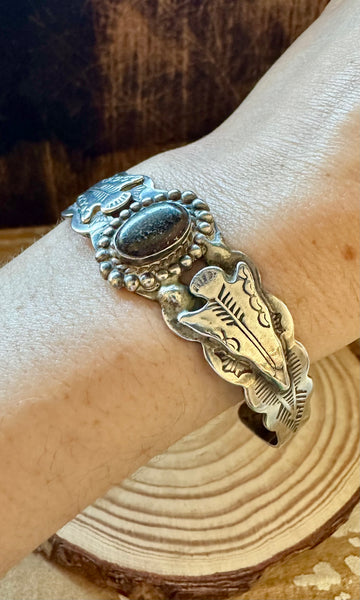 TWIN ARROWHEADS Black Stone and Coin Silver Cuff