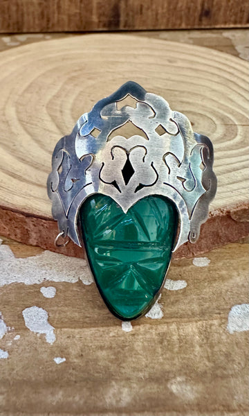 TRIBAL RULES Vintage 50s Mexican Silver and Green Onyx Brooch