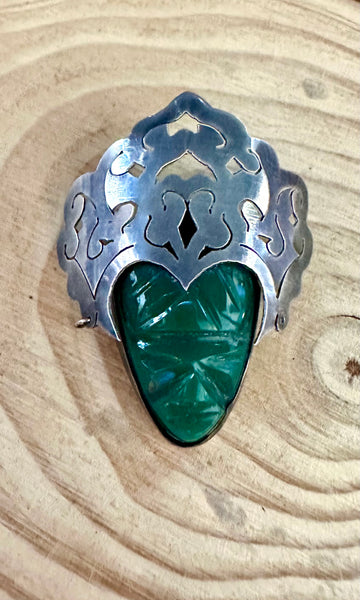 TRIBAL RULES Vintage 50s Mexican Silver and Green Onyx Brooch