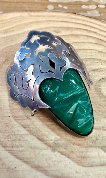 TRIBAL RULES Vintage 50s Mexican Silver and Green Onyx Brooch