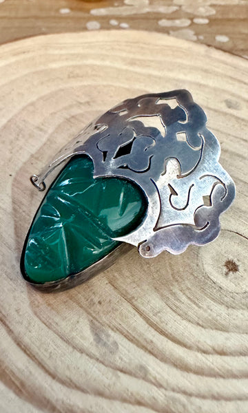 TRIBAL RULES Vintage 50s Mexican Silver and Green Onyx Brooch