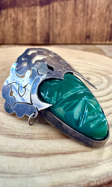 TRIBAL RULES Vintage 50s Mexican Silver and Green Onyx Brooch