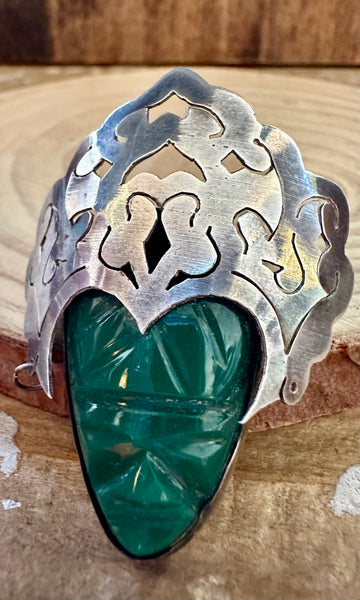 TRIBAL RULES Vintage 50s Mexican Silver and Green Onyx Brooch