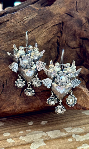 PEARL LOVEBIRDS Mexican Sterling Silver Heart Dangle Earrings