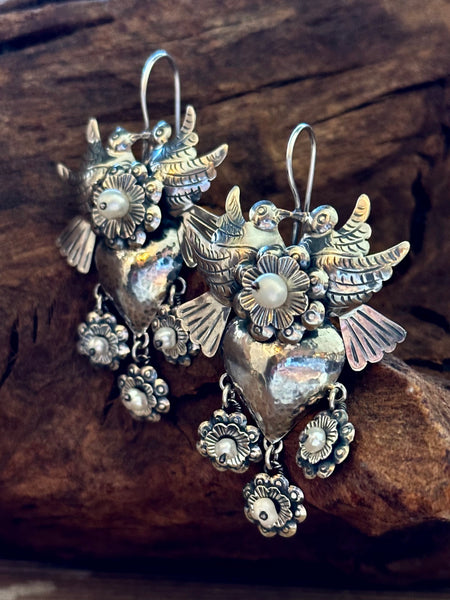 PEARL LOVEBIRDS Mexican Sterling Silver Heart Dangle Earrings