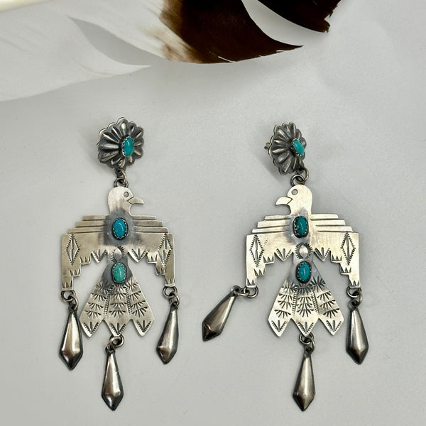 THUNDERBIRD LJC Sterling Silver and Turquoise Navajo Statement Earrings
