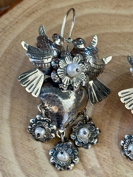 PEARL LOVEBIRDS Mexican Sterling Silver Heart Dangle Earrings