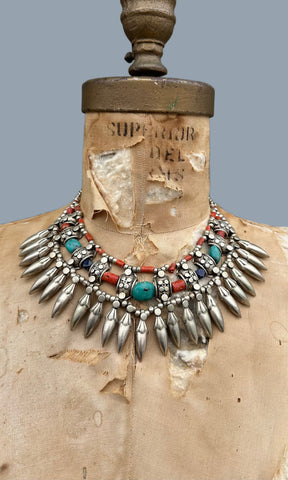 VINTAGE LADAKH Silver, Turquoise, Coral & Lapis Bib Necklace