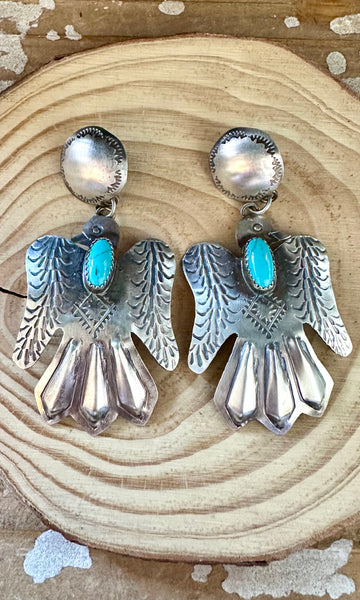Y. YAZZIE Running Bear Sterling Silver & Turquoise Thunderbird Stud Earrings
