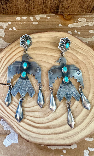 BIG THUNDERBIRD Sterling Silver & Turquoise Dangle Stud Earrings