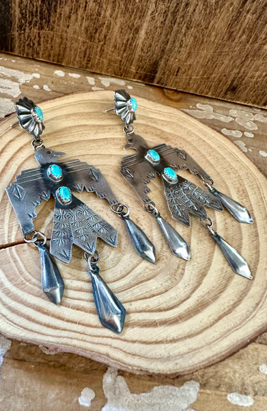 BIG THUNDERBIRD Sterling Silver & Turquoise Dangle Stud Earrings