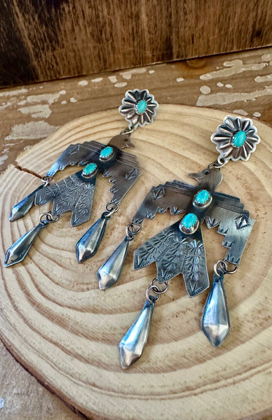 BIG THUNDERBIRD Sterling Silver & Turquoise Dangle Stud Earrings