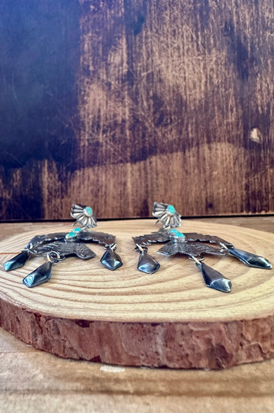 BIG THUNDERBIRD Sterling Silver & Turquoise Dangle Stud Earrings
