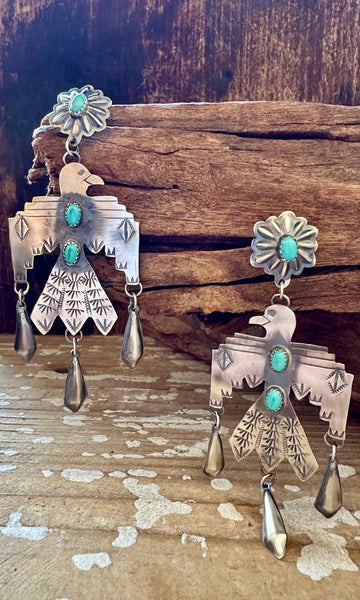 BIG THUNDERBIRD Sterling Silver & Turquoise Dangle Stud Earrings