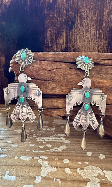 BIG THUNDERBIRD Sterling Silver & Turquoise Dangle Stud Earrings