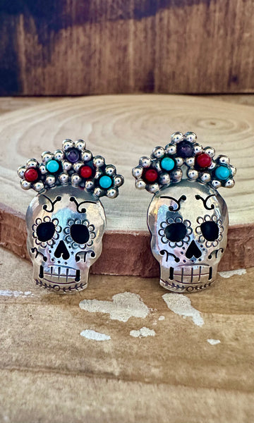 MEXICAN CALAVERAS Turquoise Coral Amethyst Beads & Sterling Silver Stud Earrings