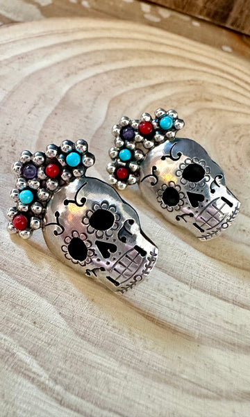MEXICAN CALAVERAS Turquoise Coral Amethyst Beads & Sterling Silver Stud Earrings