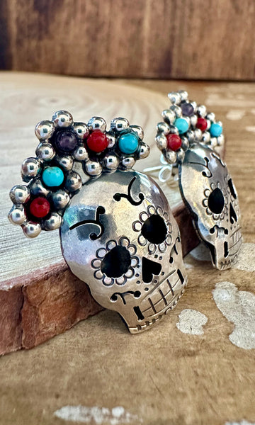 MEXICAN CALAVERAS Turquoise Coral Amethyst Beads & Sterling Silver Stud Earrings
